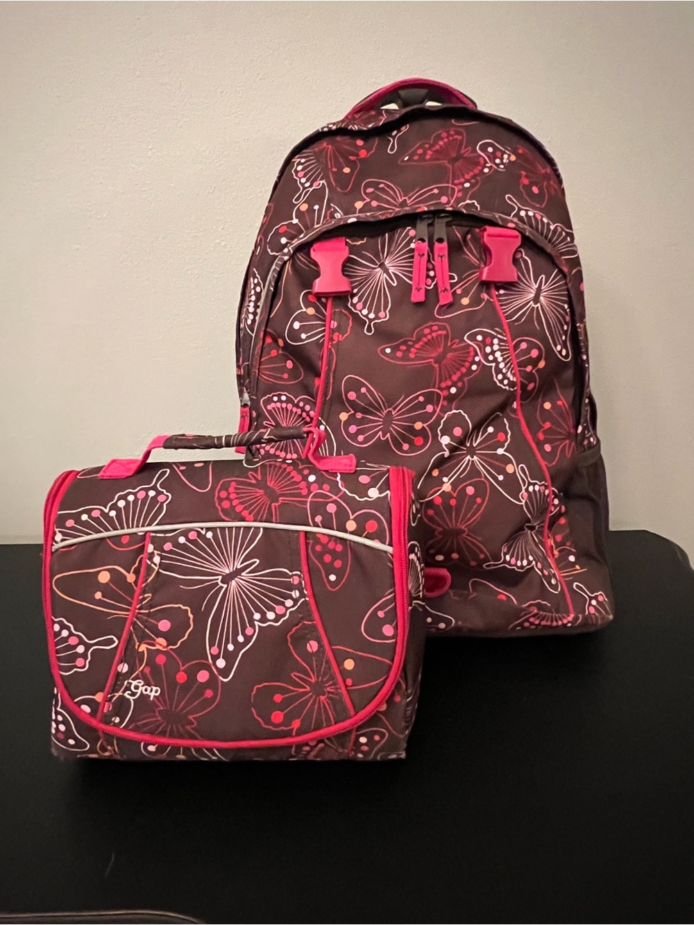 GAP Kids Brown Rolling Backpack & Lunch Bag with Pink Butterfly Print